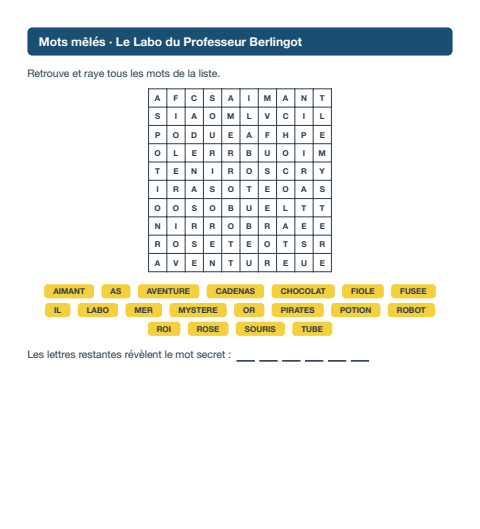 Mots mêlés · Le Labo du Professeur Berlingot