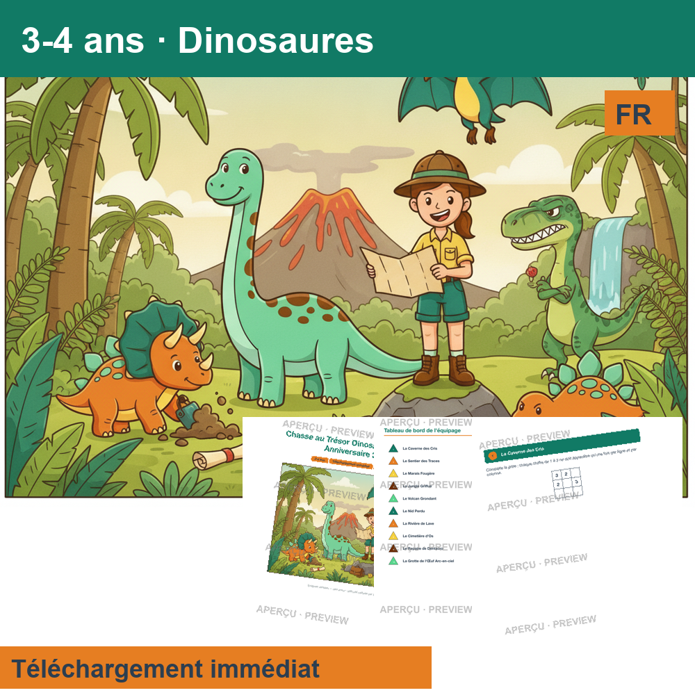 Chasse au trésor (~30 pages) · Dinosaures 3-4 ans