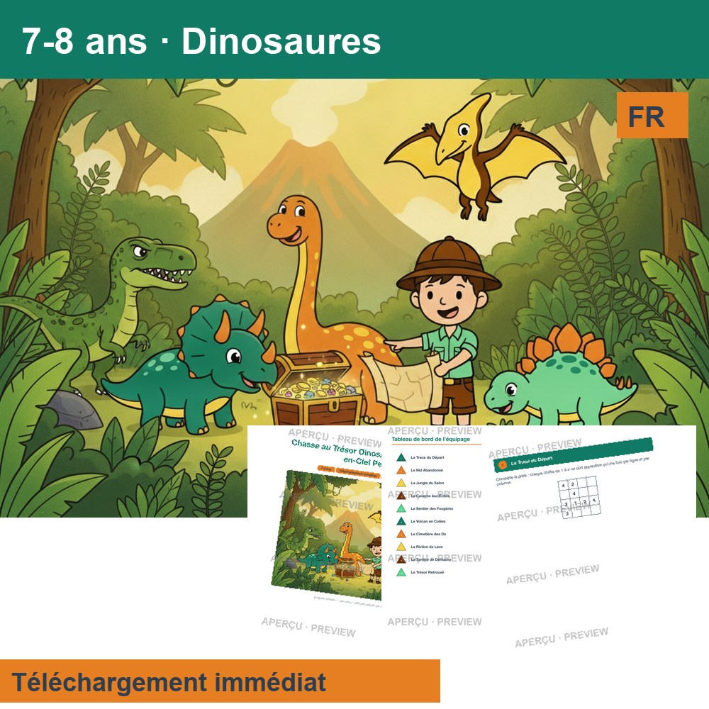 Chasse au trésor (~30 pages) · Dinosaures 7-8 ans