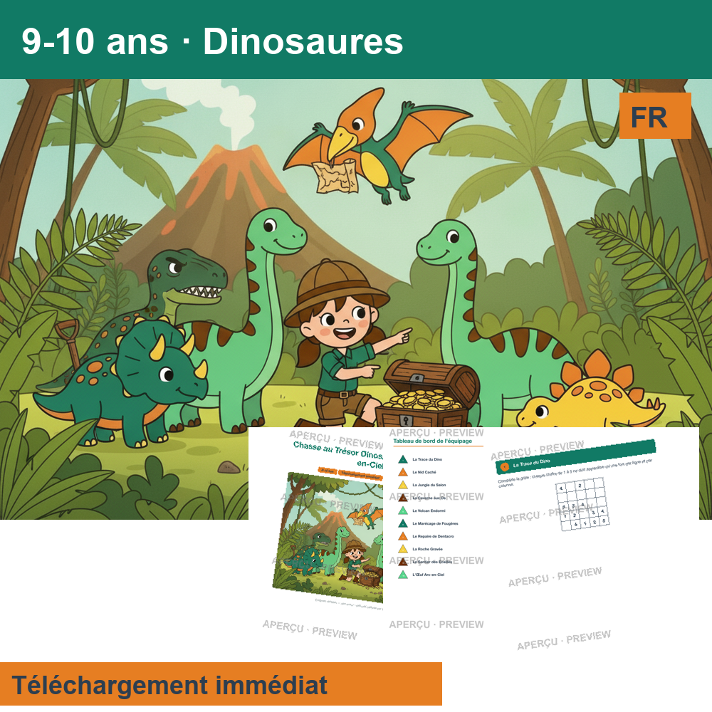 Chasse au trésor (~30 pages) · Dinosaures 9-10 ans