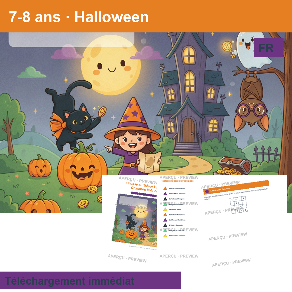 Chasse au trésor (~30 pages) · Halloween 7-8 ans