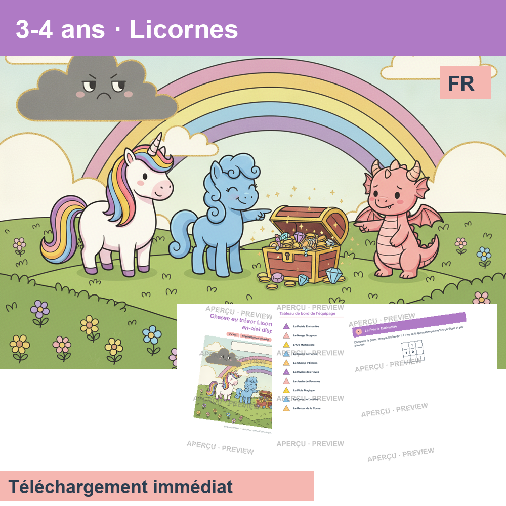 Chasse au trésor (~30 pages) · Licornes 3-4 ans