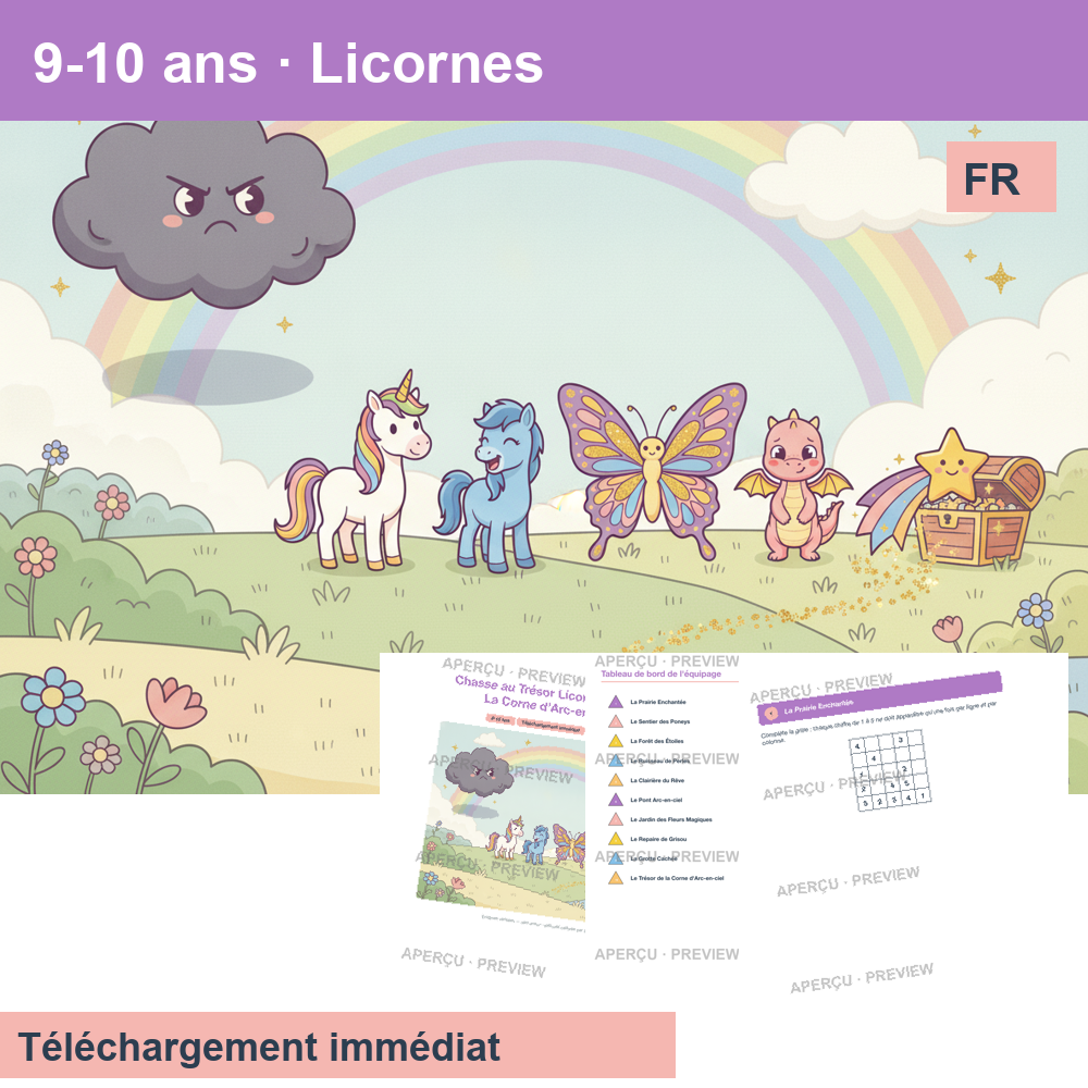 Chasse au trésor (~30 pages) · Licornes 9-10 ans